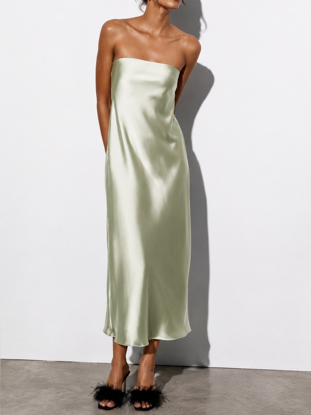 Zara Satin Strapless Dress Sage Green Midi Minimalist Slip Dress Medium